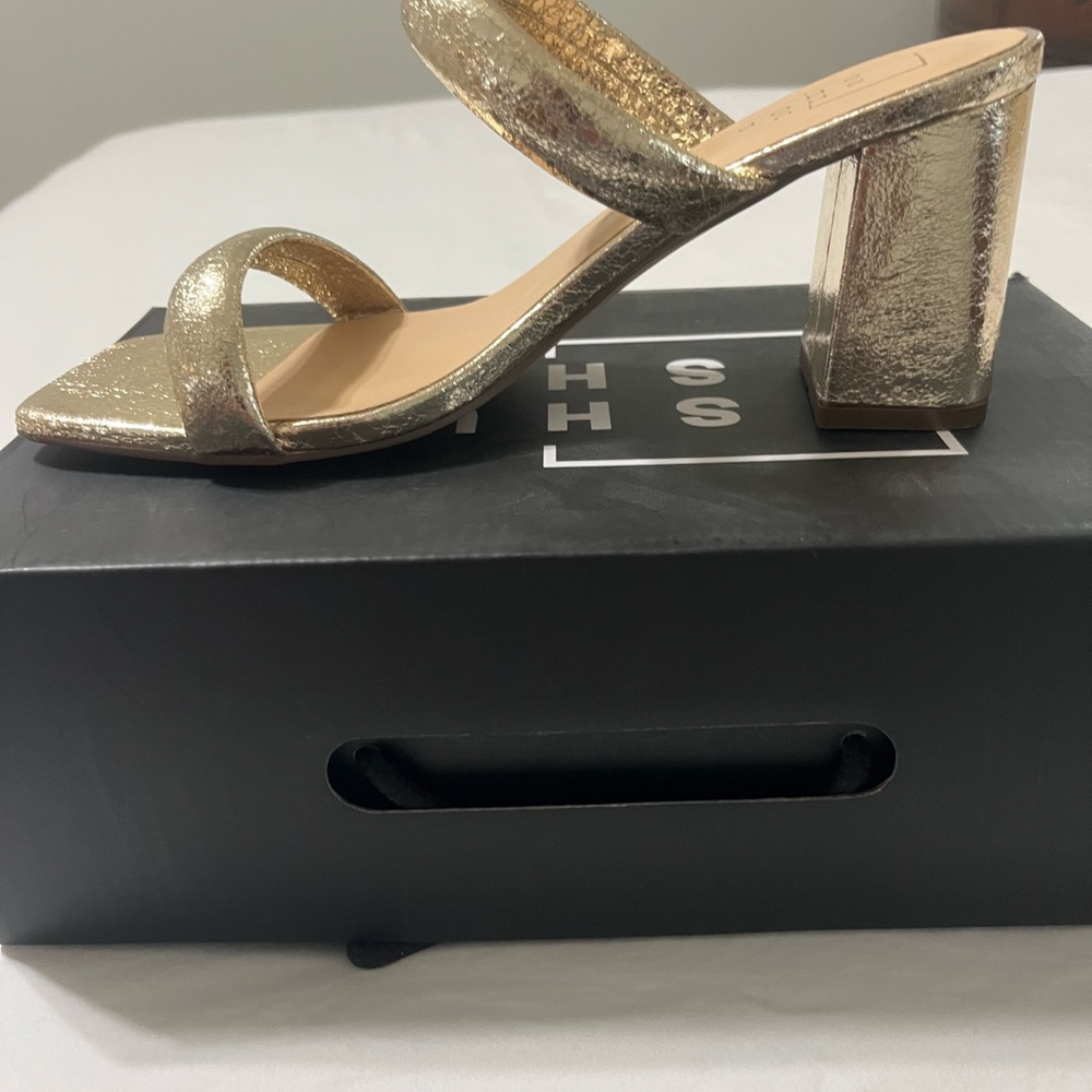 ShuShop Metallic Gold Block Heel Slide Sandal